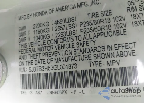 2016 Acura Rdx Technology Acurawatch Plus Packages/Technology Package z USA, uszkodzony, nr VIN 5J8TB3H53GL001873